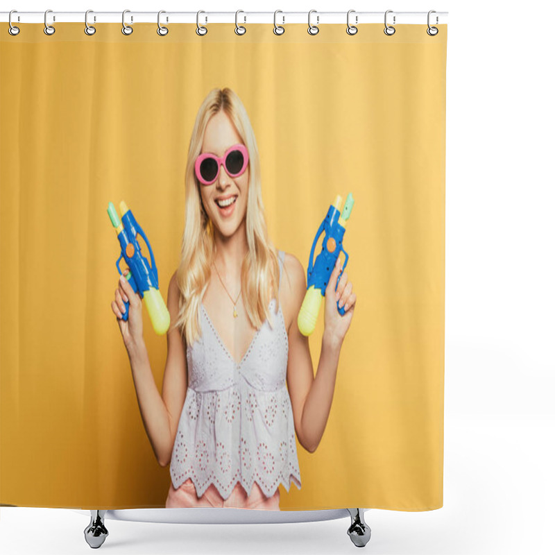 Personality  Cheerful Blonde Girl In Sunglasses Holding Water Guns On Yellow Background Shower Curtains