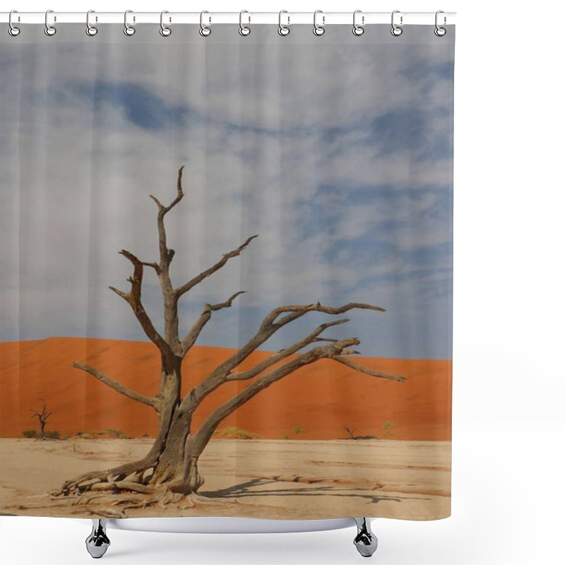 Personality  Deadvlei, A Vast Desert Landscape In Sossusvlei, Namibia, Featuring A White Clay Pan Surrounded By Towering Red Sand Dunes And Scattered Dead Camelthorn Trees Under A Blue Sky Shower Curtains