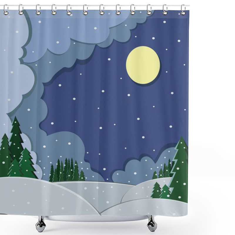 Personality  Postcard. Winter. Night. Moon. Snowflakes. Fir Trees.The Clouds. Hills. Shower Curtains