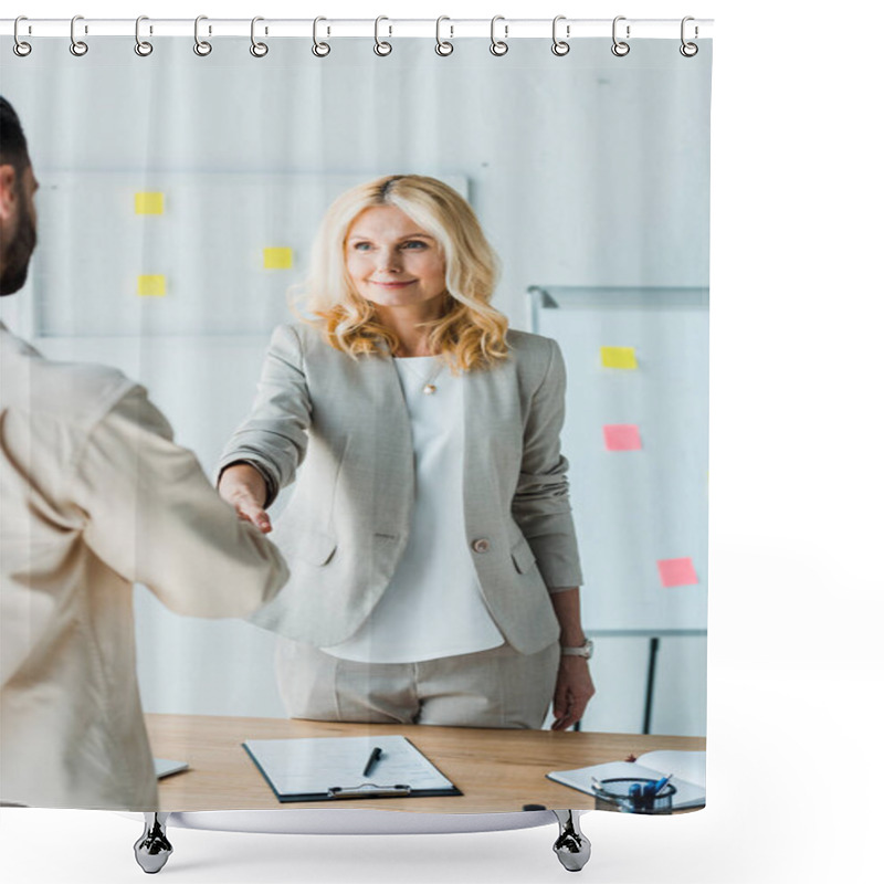 Personality  Selective Focus Of Blonde Recruiter Shaking Hands With Employee In Office  Shower Curtains