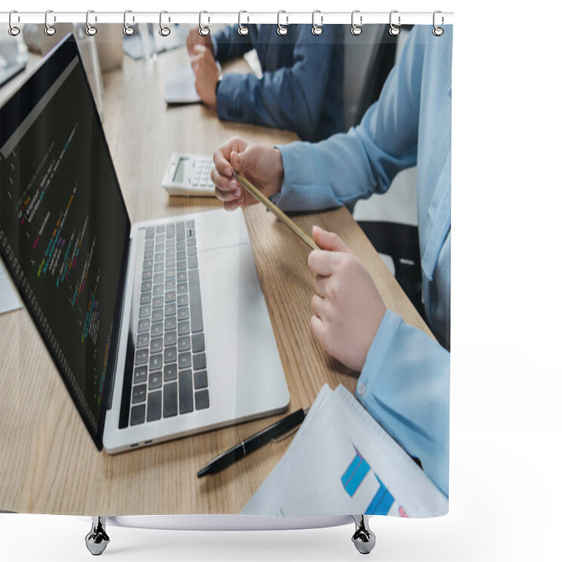 Personality  Cropped View Of Programmer Sitting In Meeting Room Near Laptop With Programming Code On Screen  Shower Curtains