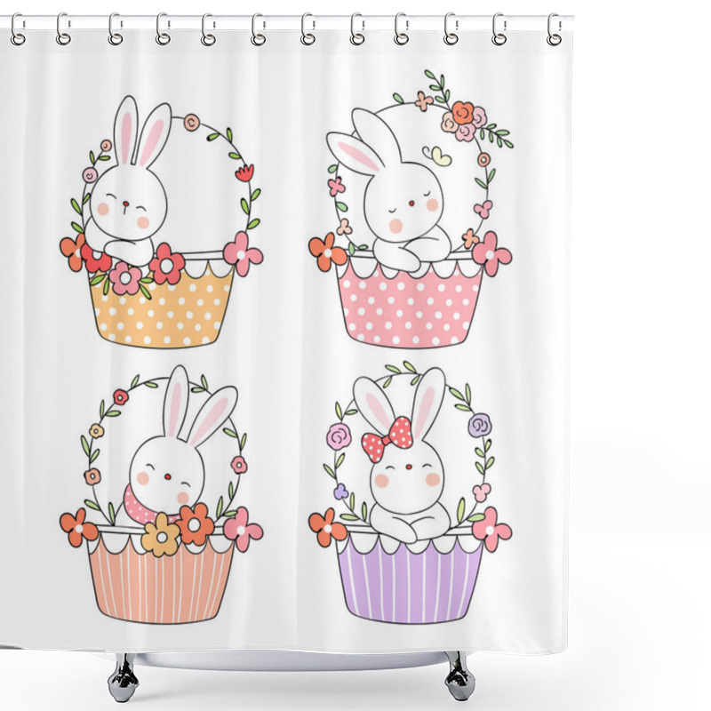 Personality   Draw Rabbit In Sweet Basket Flower For Easter Day Shower Curtains