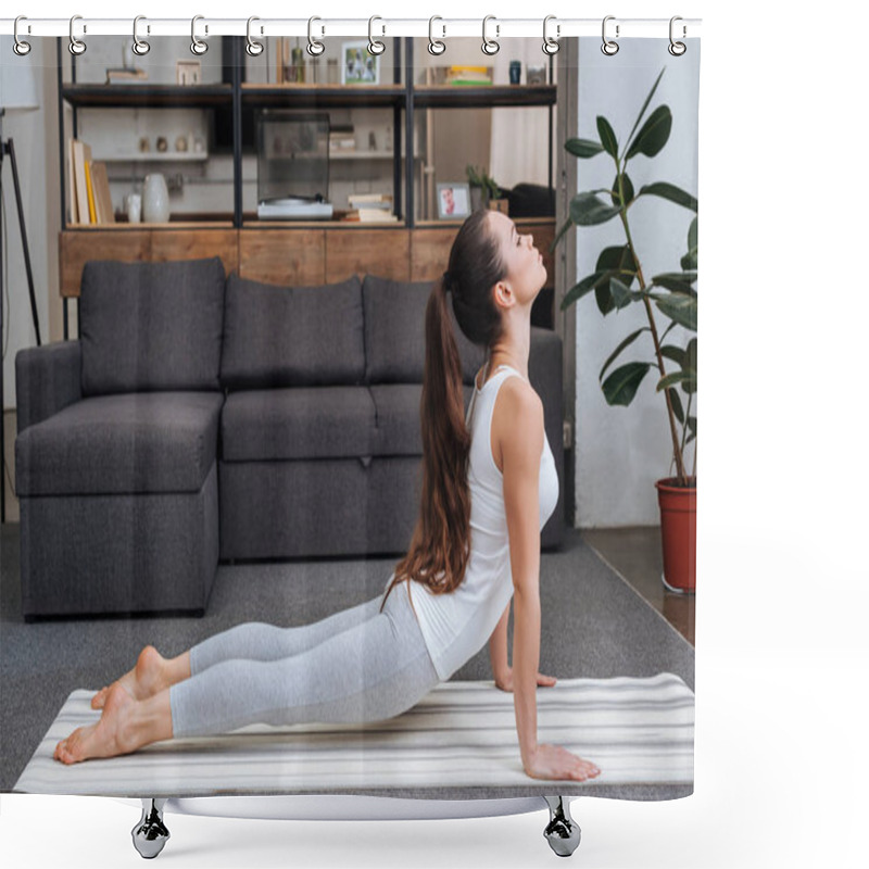 Personality  Young Woman Practicing Cobra Pose In Living Room At Home Shower Curtains