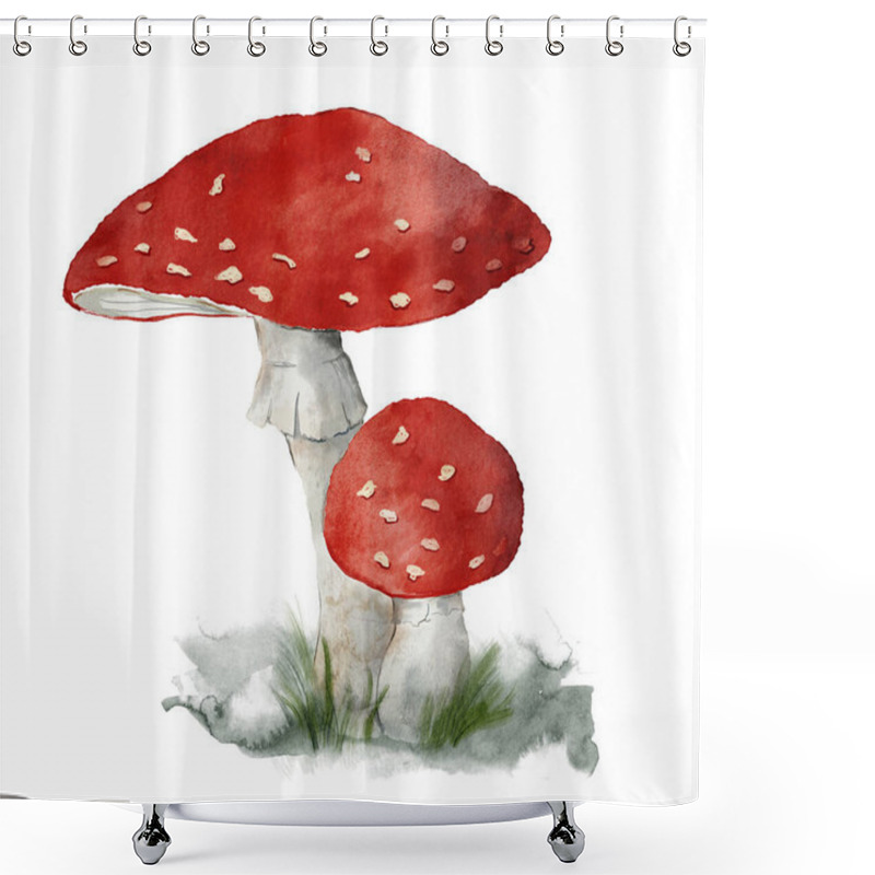 Personality  Watercolor Mushrooms Card Of Fly Agaric. Hand Painted Plant Isolated On White Background. Botanical Forest Illustration For Design, Print, Fabric Or Background. Shower Curtains