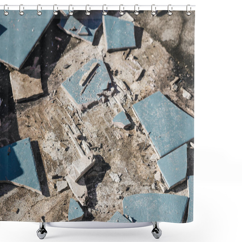 Personality  Blue Outdoor Tiles Getting Ripped Up To Reveal Concrete Paving Underneath, Concept Of Demolition Or Renovation And Home Improvement Shower Curtains