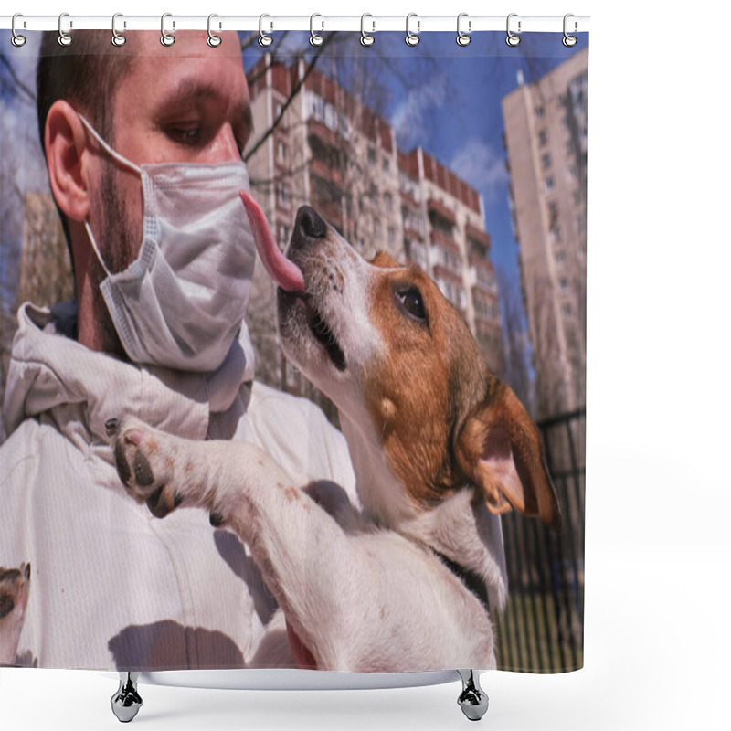 Personality   30-40 Old Man In A Surgical Mask Protective Against Coronavirus Holds A Purebred Dog Jack Russell In His Arms, She Seeks To Kiss, Lick His Master, Caresses  Shows  Good Mood And The Need  Affection Shower Curtains