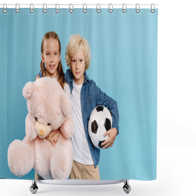 Personality  Smiling And Cute Kids Holding Teddy Bear And Football Isolated On Blue  Shower Curtains