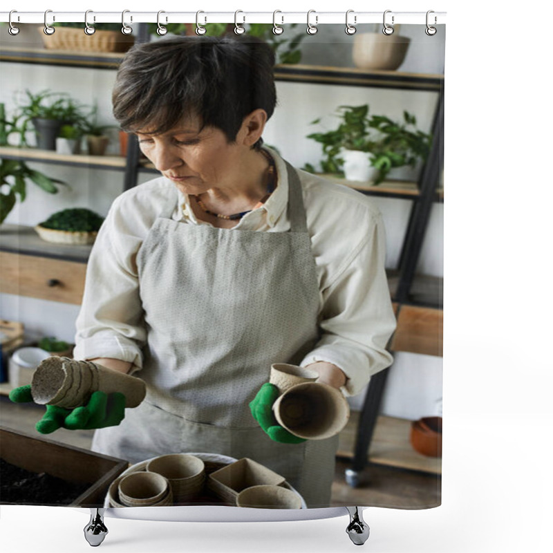 Personality  A Gardener Lovingly Tends To Her Plants In A Tranquil Studio. Shower Curtains