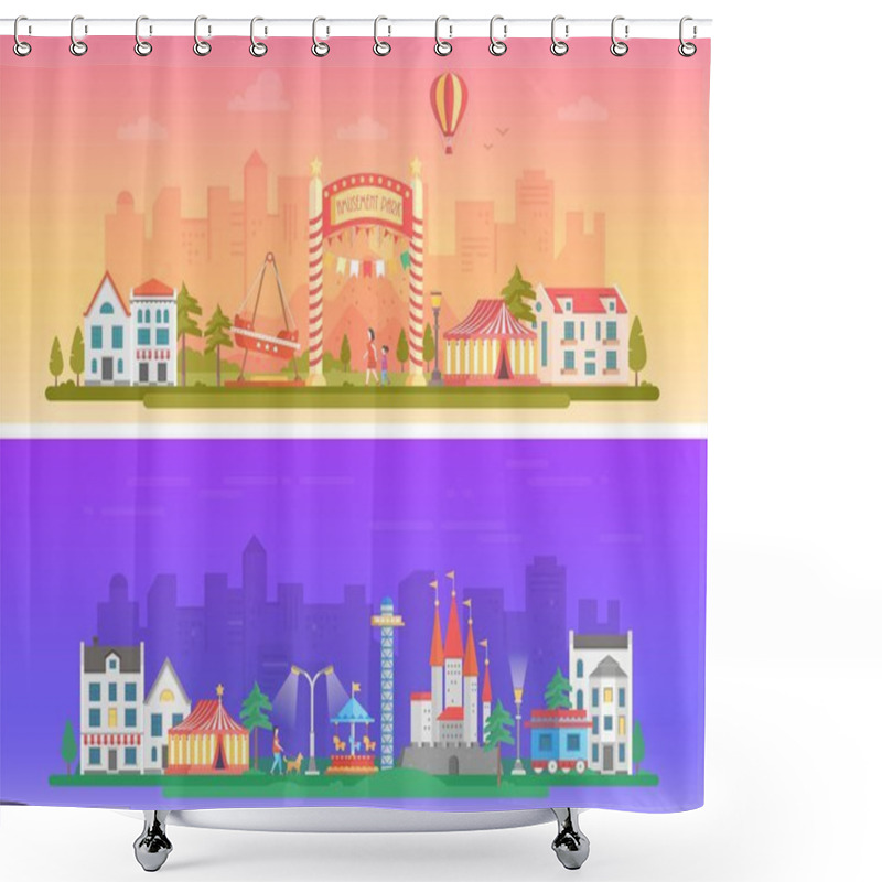 Personality  Day, Night Amusement Park - Set Of Modern Flat Vector Illustrations Shower Curtains