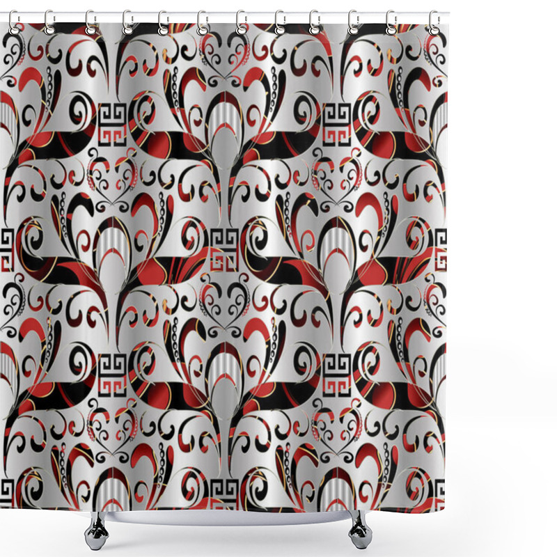 Personality  Floral Seamless Pattern. Vector  3d  Background Silver Black Red Shower Curtains