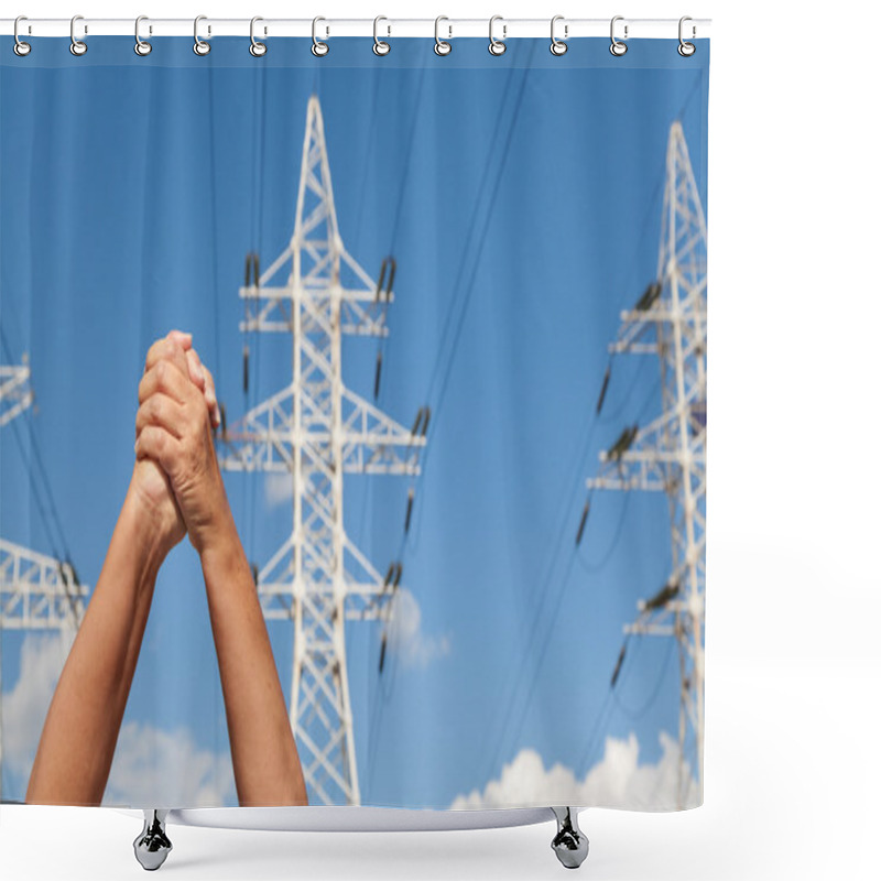 Personality  Hands Crossed In Assent And Power Transmission Lines Against Blu Shower Curtains