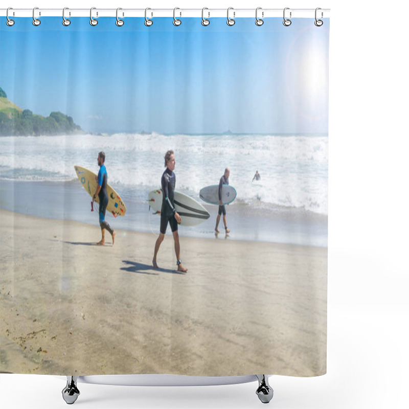 Personality  MOUNT MAUNGANUI NEW ZEALAND - FEBRUARY 10 2019:  Surfers Walk The Main Beach Looking For Best Spot To Enteron A Rough Sea Day. Shower Curtains