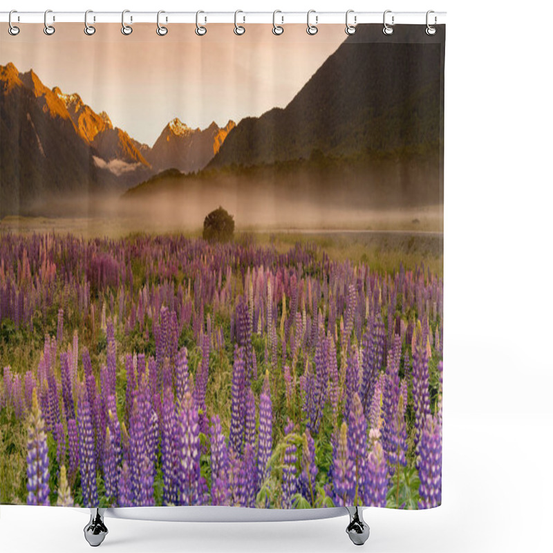 Personality  Full Bloom Lupine Flora Field With Mountain Background During Morning, New Zealand Natural Landscape Shower Curtains