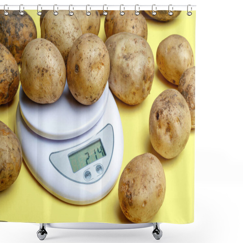 Personality  Potatoes On Small Household Scales. Weighing Purchased Potatoes For Verification Shower Curtains