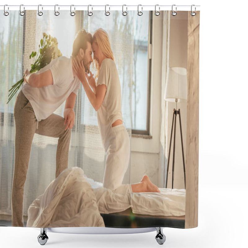 Personality  Man Presenting Flowers For Girlfriend Shower Curtains