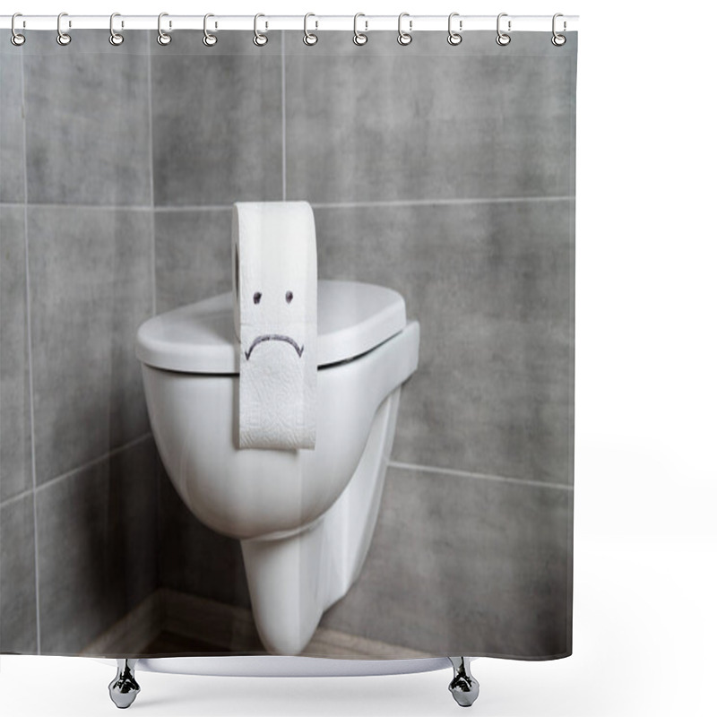 Personality  Toilet Paper With Sad Emoticon On Toilet Bowl In Modern Restroom Shower Curtains