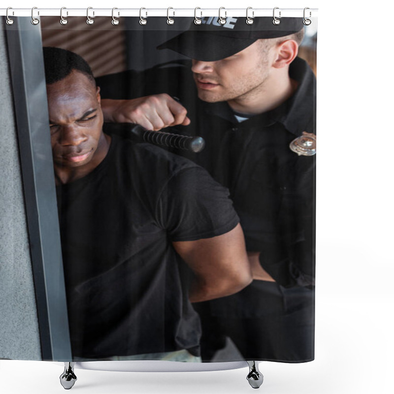 Personality  Police Officer In Uniform And Cap Holding Truncheon And Arresting African American Man Shower Curtains