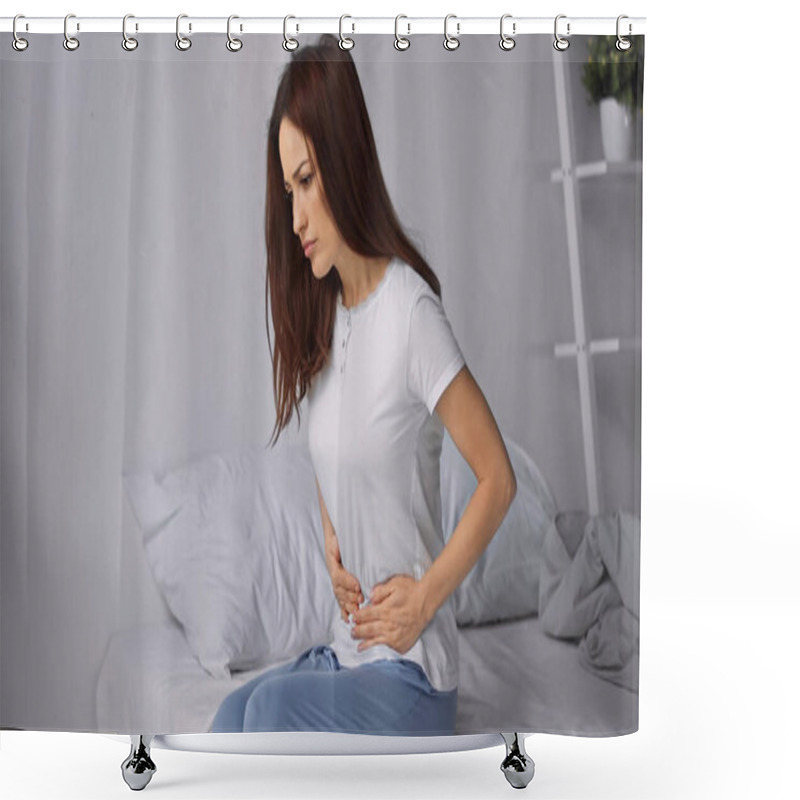 Personality  Brunette Woman Touching Belly While Feeling Abdominal Pain In Bedroom Shower Curtains