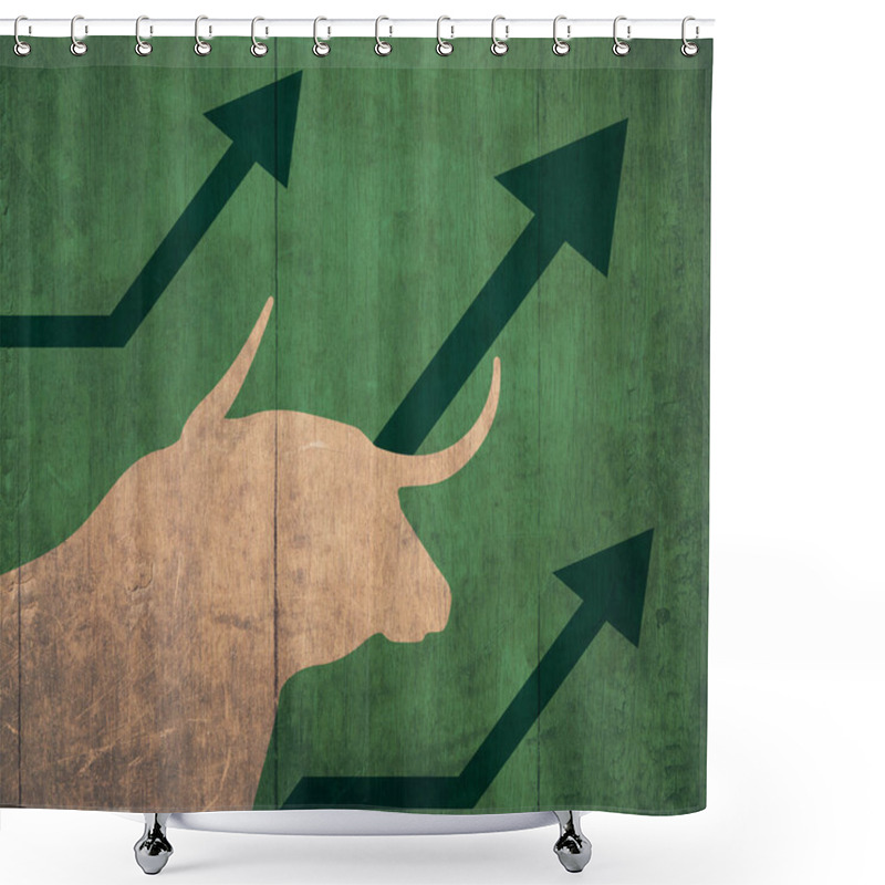 Personality  Pretty Portrait Bull And A Upward Arrow Indicating The Up Of The Stock Market Green Background, Stock Market Up And Bull Concept. Creative Art With Intense Color. Poster For Banner Shower Curtains