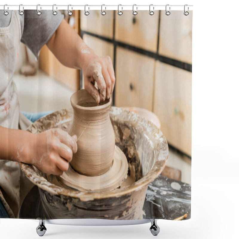 Personality  Cropped View Of Young Female Artisan In Apron Cutting Wet Clay Vase On Spinning Pottery Wheel On Table In Blurred Ceramic Workshop, Clay Shaping And Forming Process Shower Curtains