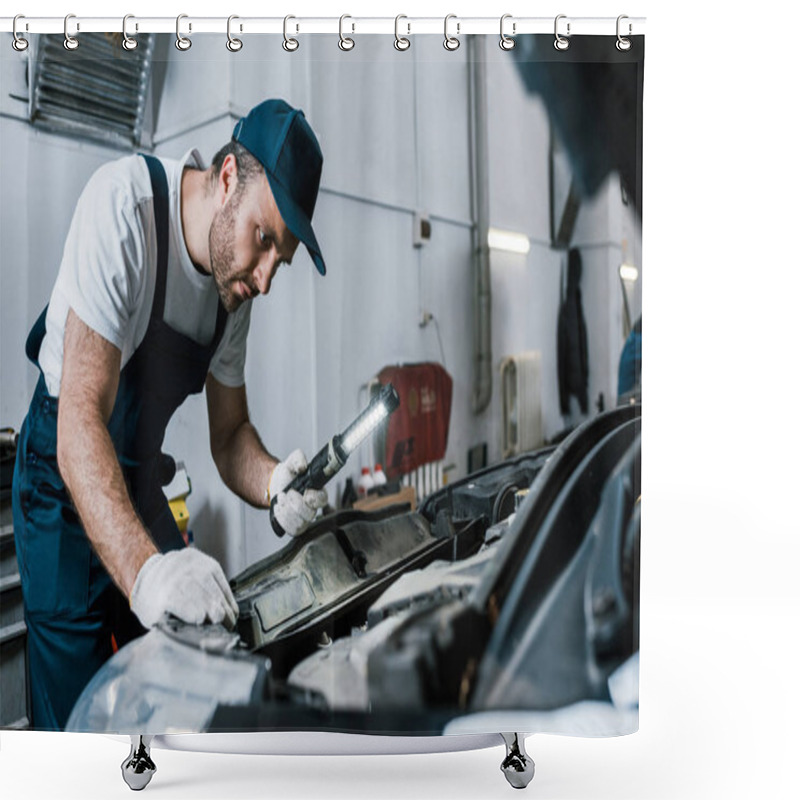 Personality  Selective Focus Of Bearded Auto Mechanic Holding Flashlight Near Car  Shower Curtains