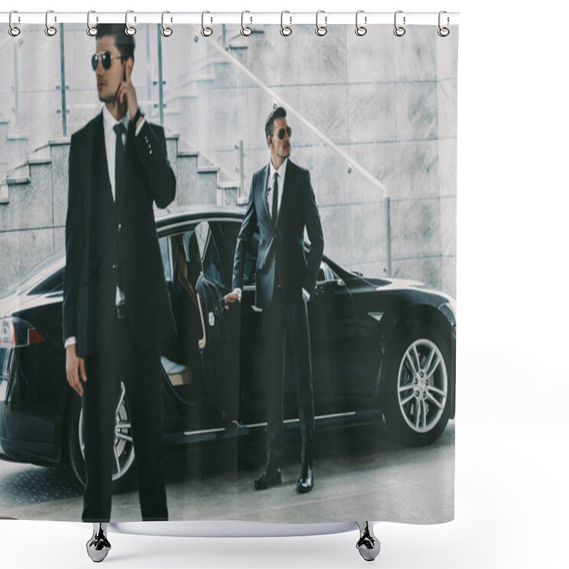 Personality  Bodyguards In Sunglasses Standing At Car And Waiting For Politician Shower Curtains