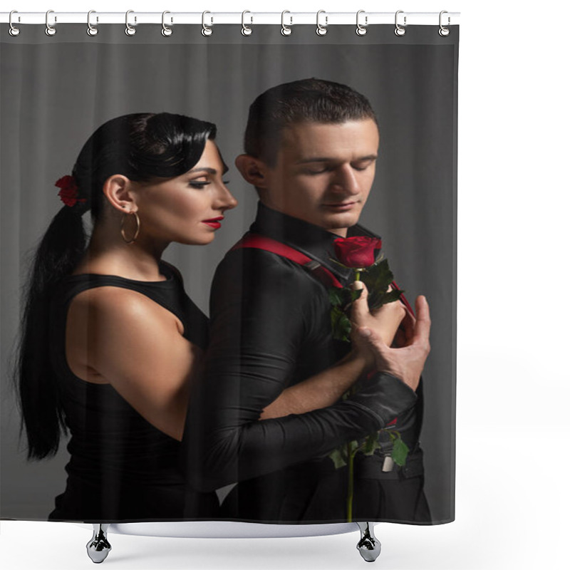 Personality  Handsome Tango Dancer Gifting Red Rose To Attractive Partner Isolated On Grey Shower Curtains