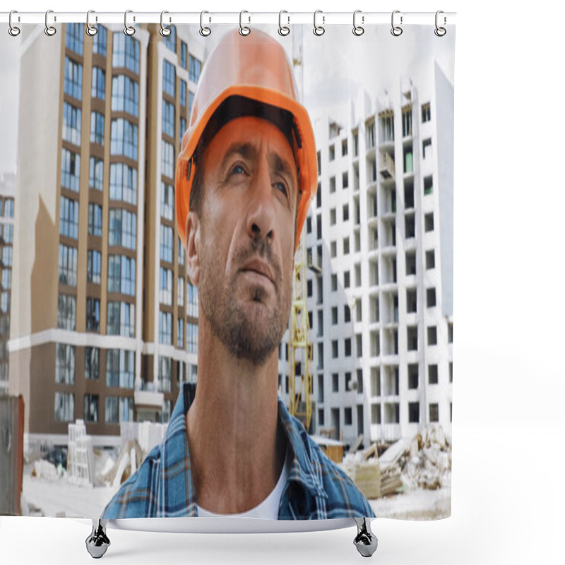 Personality  Handsome Builder Looking Away On Construction Site Shower Curtains