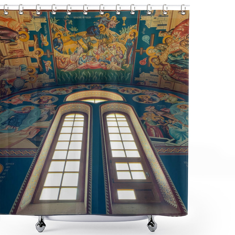 Personality  The Beautifully Painted Interior Of Orthodox Church With Vibrant Religious Frescoes Depicting Various Biblical Scenes And Arched Windows That Allow Light To Illuminate The Artwork. Shower Curtains