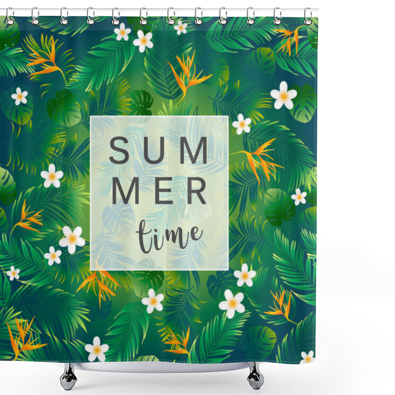 Personality  Summer Time Banner With Palm Leaves And Tropical Flowers Shower Curtains