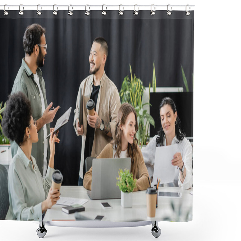 Personality  Cheerful Multiethnic Business Team Generating Ideas And Discussing Startup Project In Coworking Shower Curtains