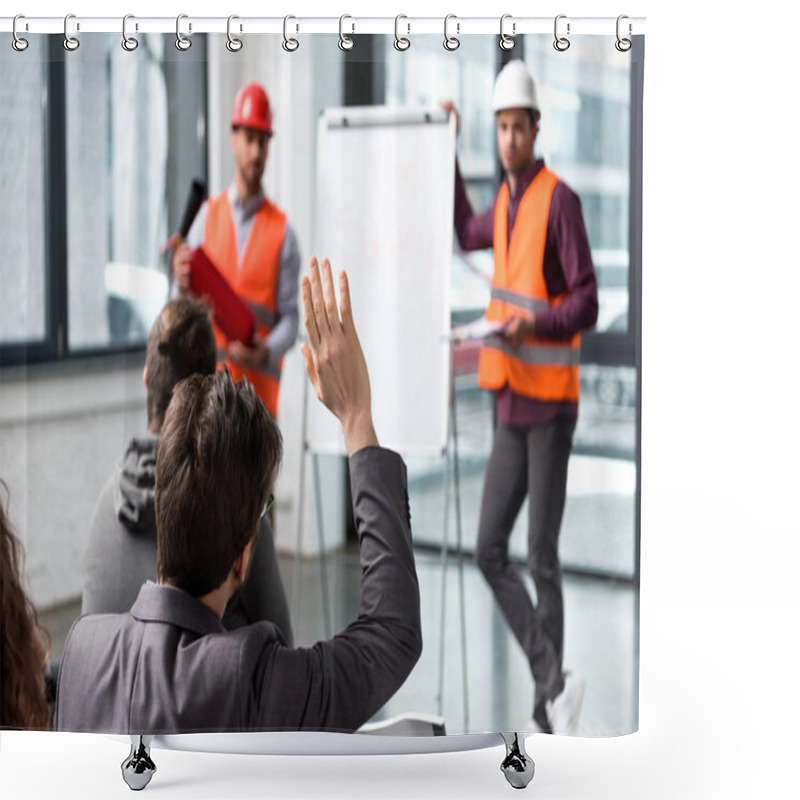 Personality  Selective Focus Of Man Raising Hand Near Handsome Firemen In Helmets Standing Near White Board  Shower Curtains