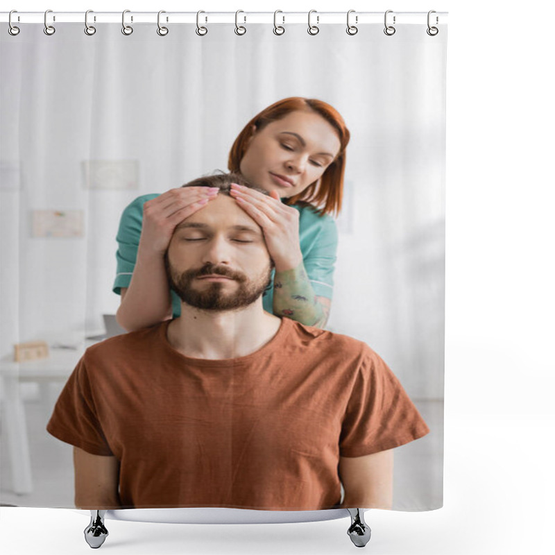 Personality  Physiotherapist Examining Injured Bearded Man In Consulting Room Shower Curtains