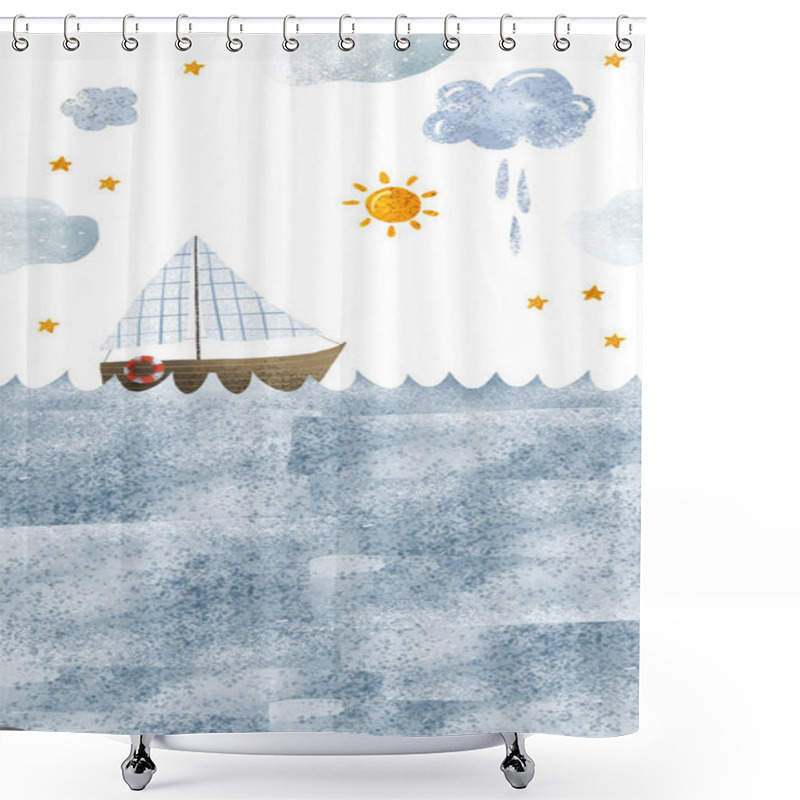 Personality  Vertical Illustration With Cute Wooden Yacht, River Travel. Rest. Seascape With Waves, Sky With Clouds, Stars And Sun. Children's Landscape. Oceania. Isolated Illustration Shower Curtains