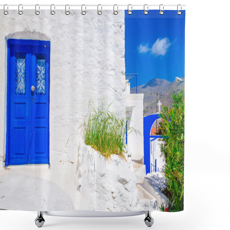 Personality  Blue Wooden Door, White Wall And Flowers In Greece Shower Curtains