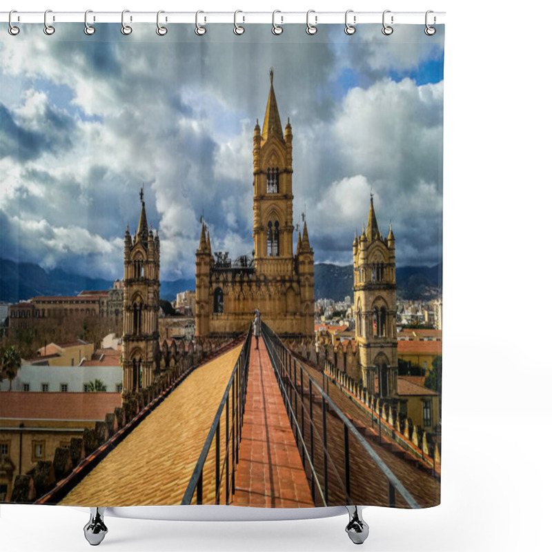 Personality  Palermo, Sicily, Italy. 10 January 2018: A View From The Rooftop Of The Palermo Cathedral In Sicily, Italy, Looking Towards The City And Surrounding Mountains. Shower Curtains