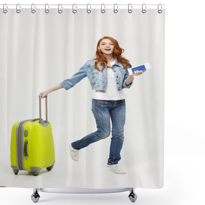 Personality  Travel And Lifestyle Concept: Young Woman With Suitcase Ready For Summer Travel Isolated On White Shower Curtains