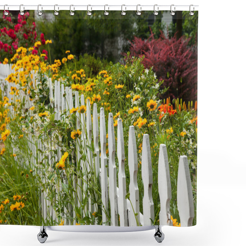 Personality  Wild Flowers Growing Over White Picket Fence Shower Curtains