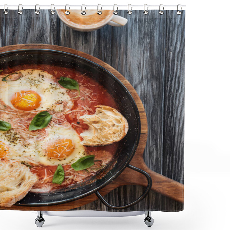 Personality  Top View Of Delicious Fried Eggs In Pan And Cup Of Coffee On Wooden Table Shower Curtains