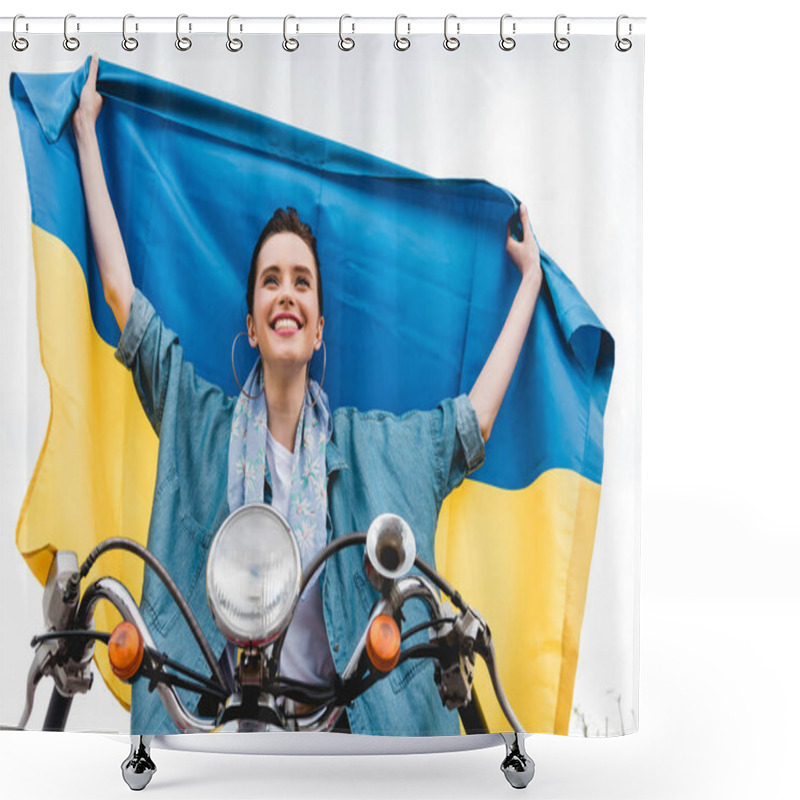 Personality  Low Angle View Of Beautiful Girl Sitting On Scooter, Smiling And Holding Ukrainian Flag Shower Curtains