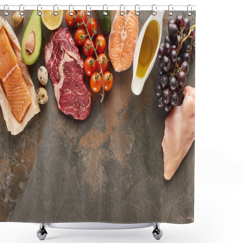 Personality  Top View Of Raw Meat, Fish And Poultry Near Vegetables, Fruits, Eggs And Olive Oil On Marble Surface With Copy Space Shower Curtains