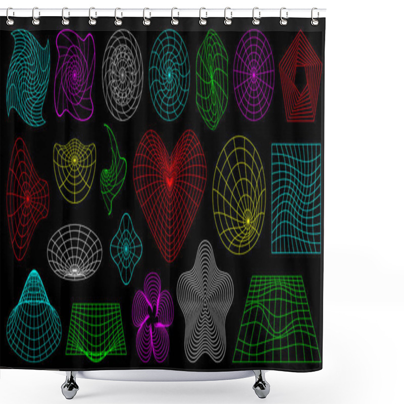 Personality  Abstract 3D Wireframe Shapes, Perspective Grids And Heart. Surreal Geometric Figures. Rave Psychedelic Design Elements And Backgrounds. Y2K Retro Futuristic Aesthetic Set. Vector Illustration Shower Curtains