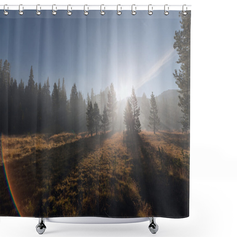 Personality  With Sun Beams Passing Through The Fog At Mountain Forest Shower Curtains