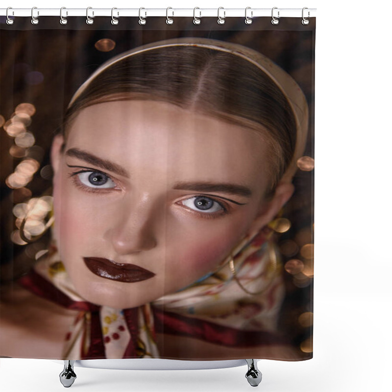 Personality  Close-up Portrait Of A Girl With Evening, Fashion Make-up, Maroon Lipstick, Clear Skin, Pink Rumanian, Round Gold Earrings In Her Ears, Head Covered With A Fashionable Satin Headscarf. Golden Glitter  Shower Curtains