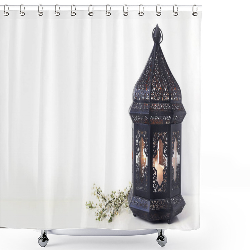 Personality  Ornamental Black Moroccan, Arabic Lantern With Blooming Prunus Tree Branches On White Table. Greeting Card For Muslim Community Holy Month Ramadan Kareem. Festive Background. Shower Curtains