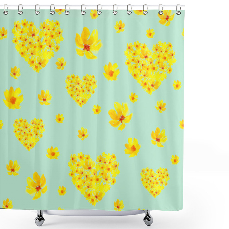 Personality  Bright Yellow Floral Heart Pattern On Soft Mint Background Creates A Cheerful And Vibrant Atmosphere For Design Projects Shower Curtains