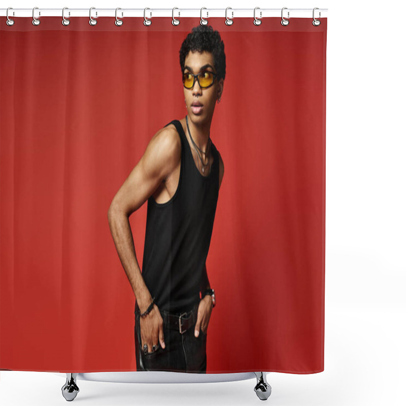 Personality  Handsome African American Man Posing In Stylish Sunglasses, Black Tank Top, And Leather Pants. Shower Curtains