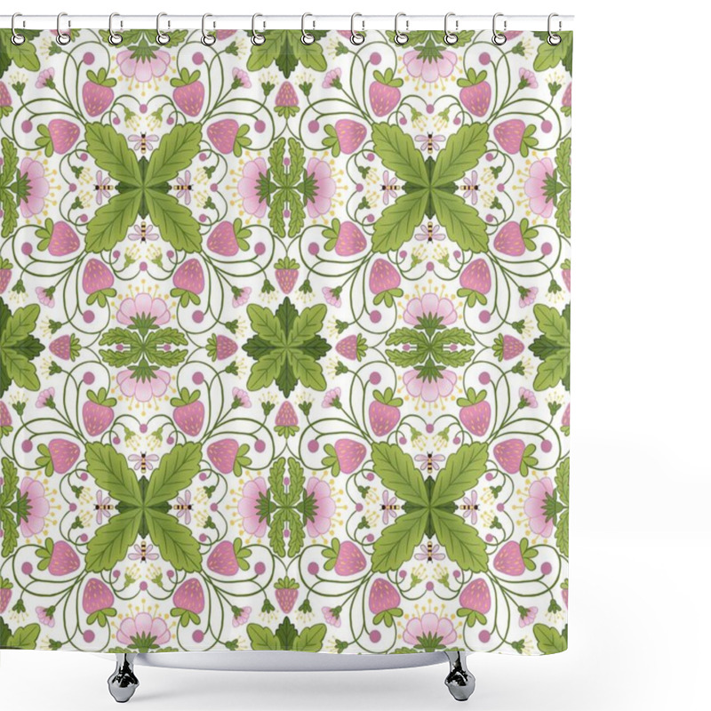 Personality  Strawberry Floral Ethnic Seamless Pattern. Folk Style. Background Based On Traditional Embroidery. Retro Kitchen Strawberry Wallaper On White Background. Shower Curtains