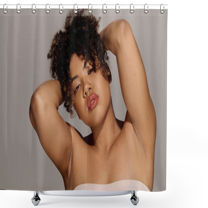 Personality  A Beautiful Young African American Woman With Curly Hair, Captured In A Mesmerizing Close-up Shot In A Studio Setting. Shower Curtains