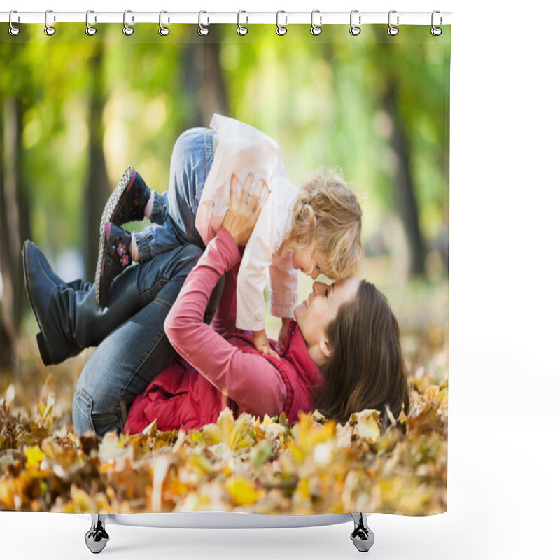 Personality  Woman With Child Having Fun In Autumn Park Shower Curtains